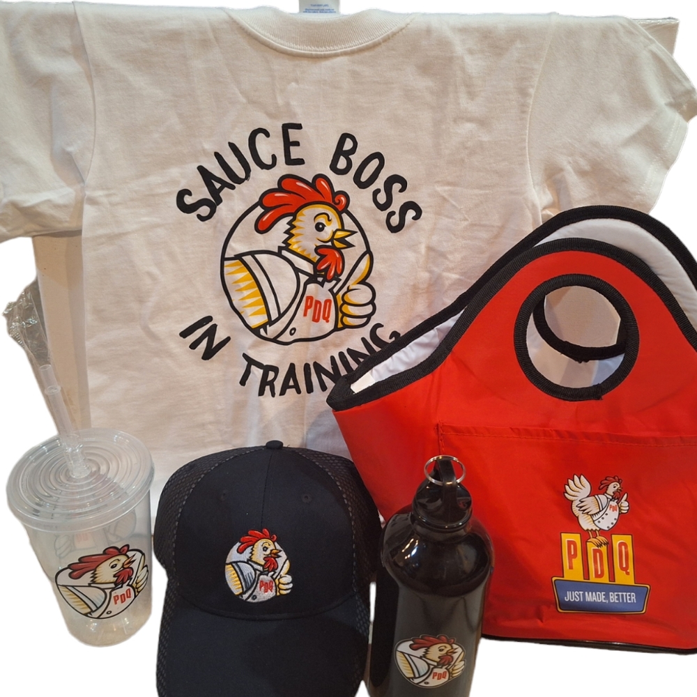 PDQ Chicken Promotional Set Kids' Small T-Shirt, Hat, Water Bottle, Frisbee NEW